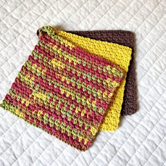 3 CROCHET DISHCLOTH WASHCLOTH 100% COTTON HANDMADE NEW Brown Yellow Green Fall - Picture 4 of 11